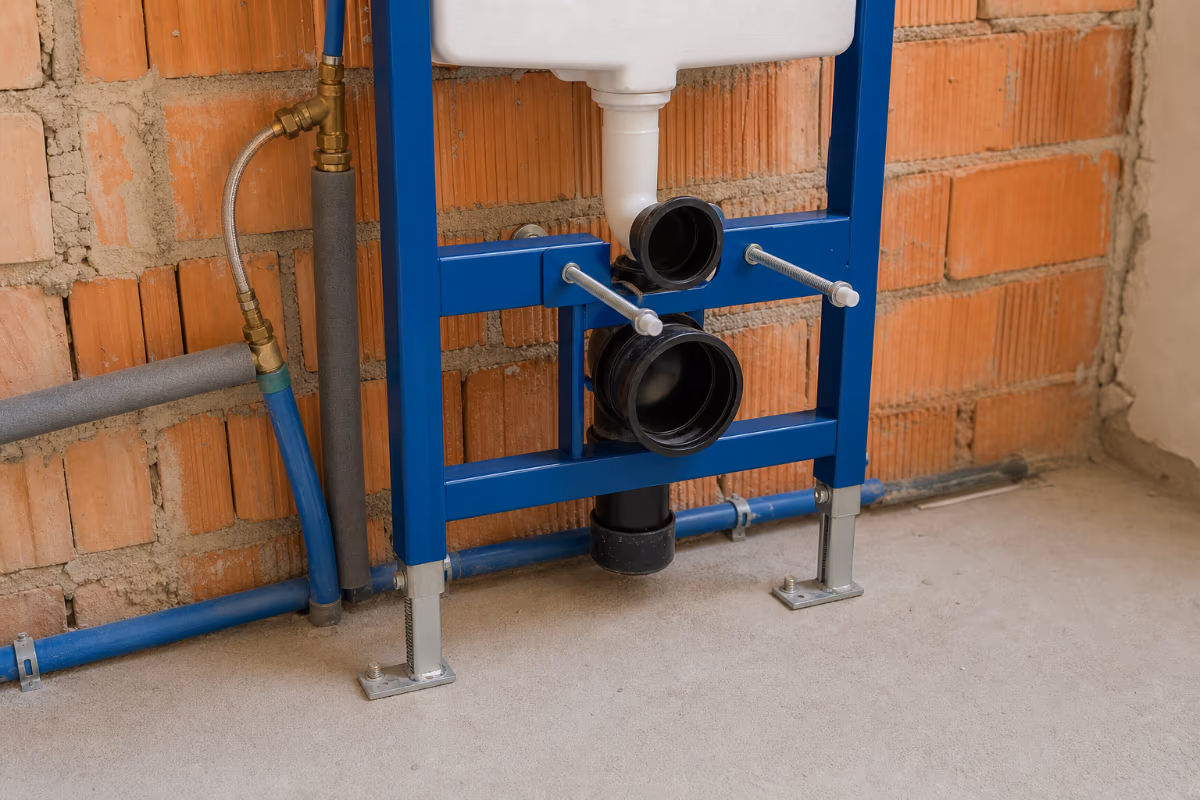 Plavi metalni nosač za WC školjku s priključcima za vodu i odvod, postavljen na opekarski zid.
