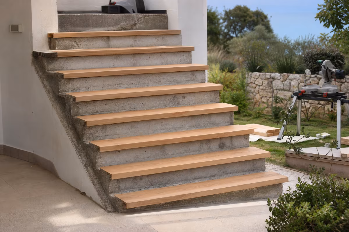 Betonske stopnice z novimi lesenimi oblogami, primer obnove brez rušenja