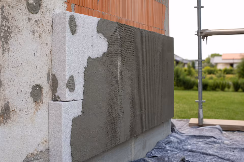 Radnici na skelama ugrađuju ploče stiropora na fasadu stambene zgrade — širi prikaz