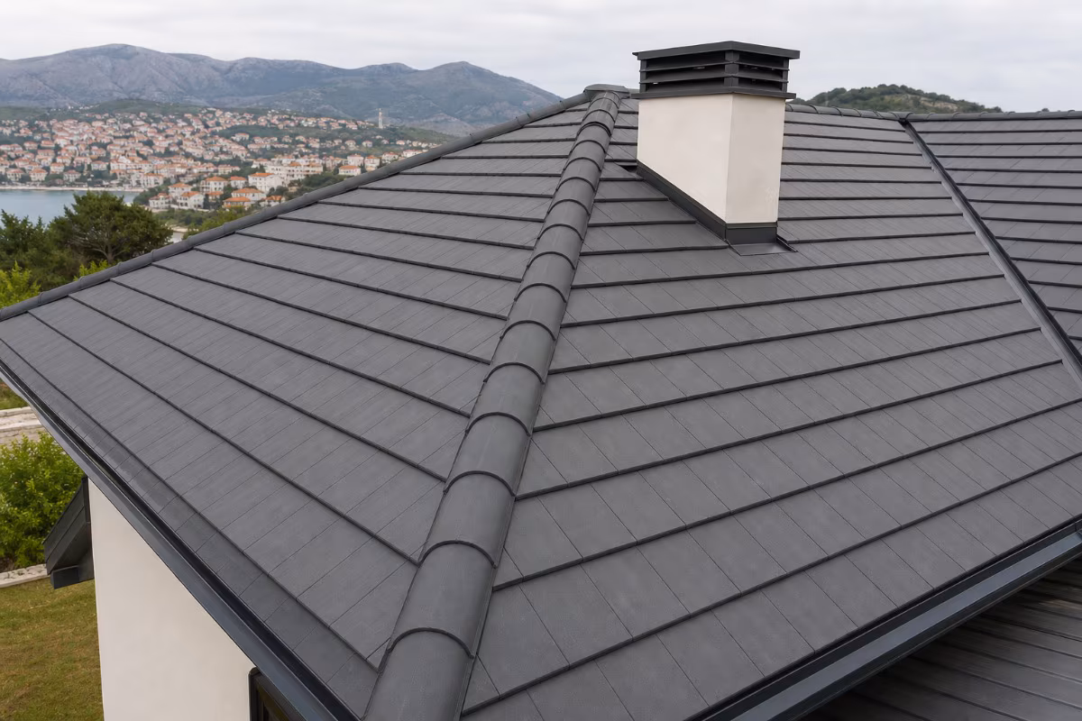 Siva vlaknocementna krovna ploča s ventilacijskim otvorom, ugrađena na modernom krovu s vidljivim spojevima i zaštitnim