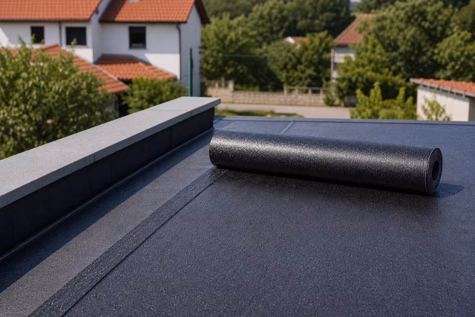 Crni rolan za hidroizolaciju leži na ravnoj krovnoj površini uz rubni element, s pozadinom kuća i zelenila.
