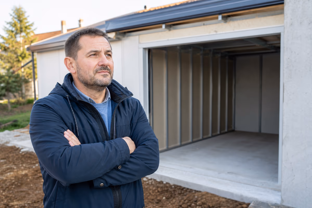 Suvremena montažna garaža s sekcijskim vratima na pripremljenom temelju — materijali i alat