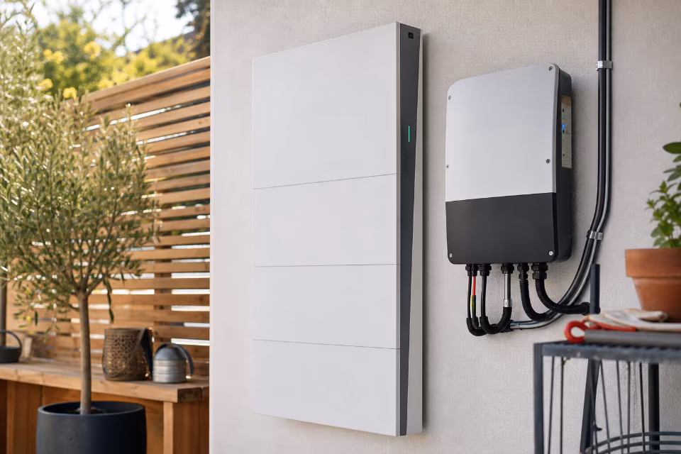 Bijela zidna baterija za pohranu energije i hibridni inverter montirani na vanjski zid kuće