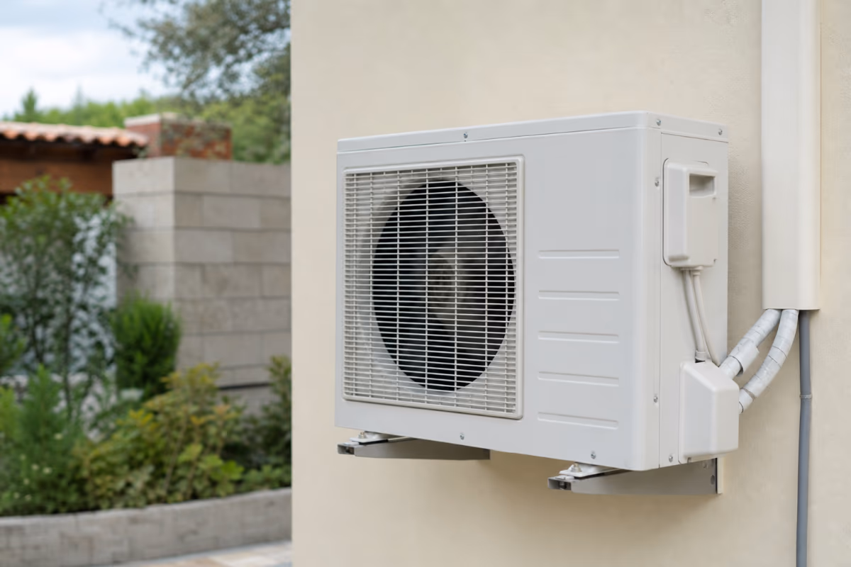 Bijela vanjska jedinica klima uređaja montirana na zidu kuće s vidljivim ventilatorom i kabelima.