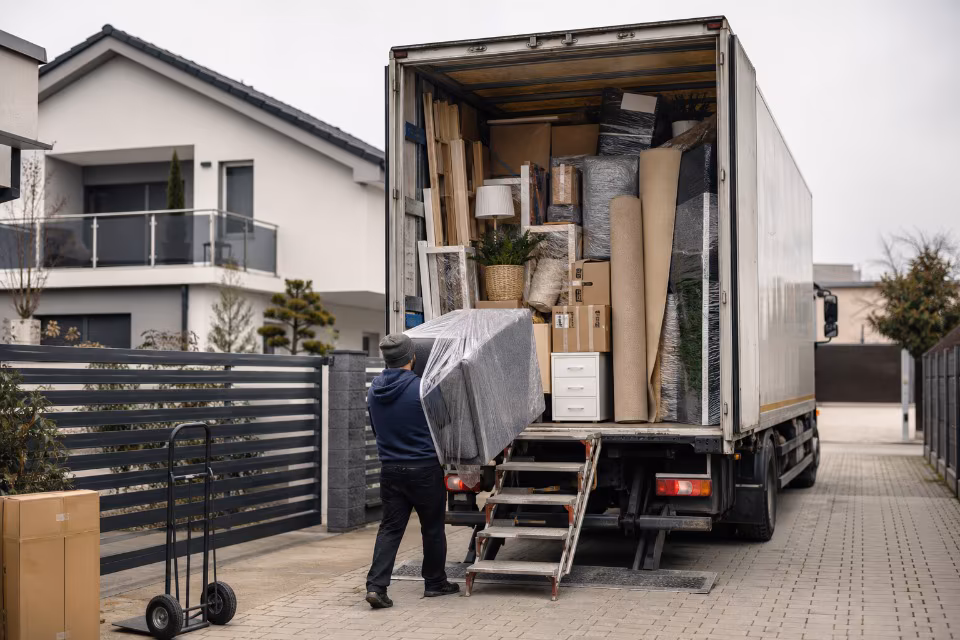 Radnik utovaruje namještaj u kamion za međunarodnu selidbu, ilustrirajući ključnu ulogu logistike i transporta u ukupnoj cijeni