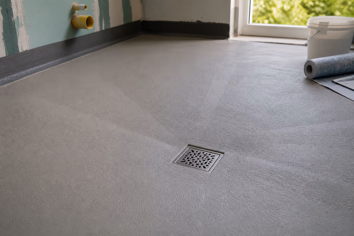 Detalj podnog sifona u hidroizolaciji s nagibom prema odvodu.