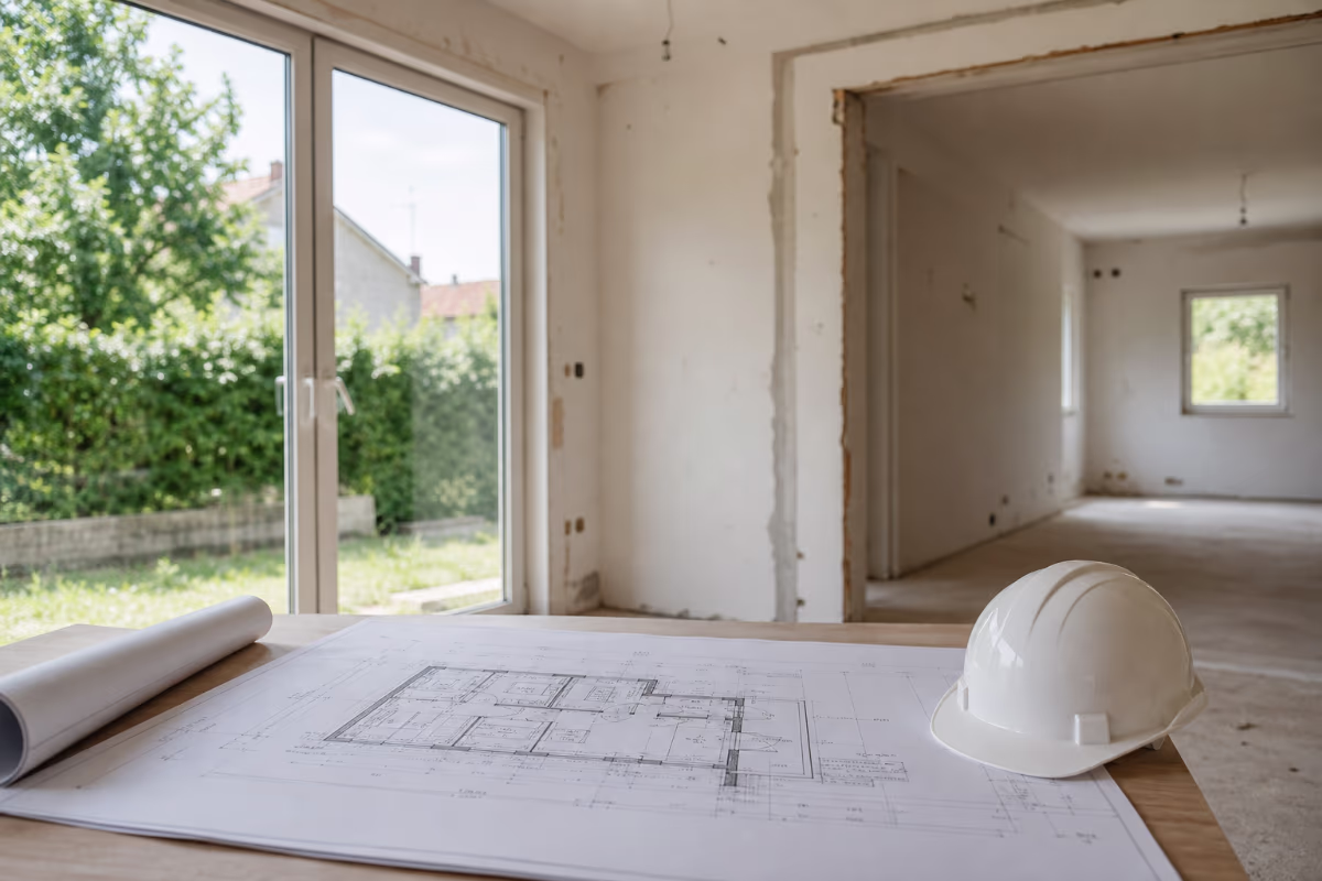 Majstor sa kalkulatorom i planovima renovacije na radnom stolu — materijali i alat