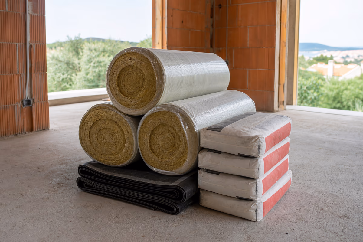 Naslagani građevinski materijali na betonskoj podnoj ploči: rolne mineralne vune, hidroizolaciona membrana i vreće cementnog estriha.