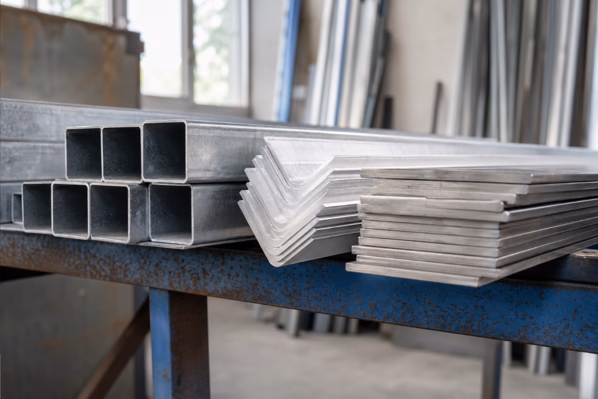 Razni metalni profili za konstrukcije složeni na stolu: pocinčane čelične cevi, aluminijski kutni profili i ploče.