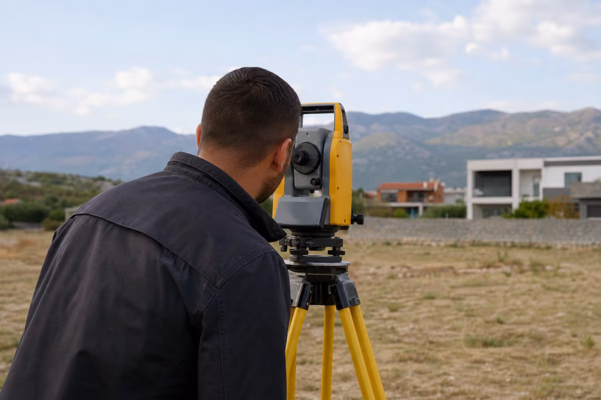 Geodet s modernom totalnom stanicom na gradilištu