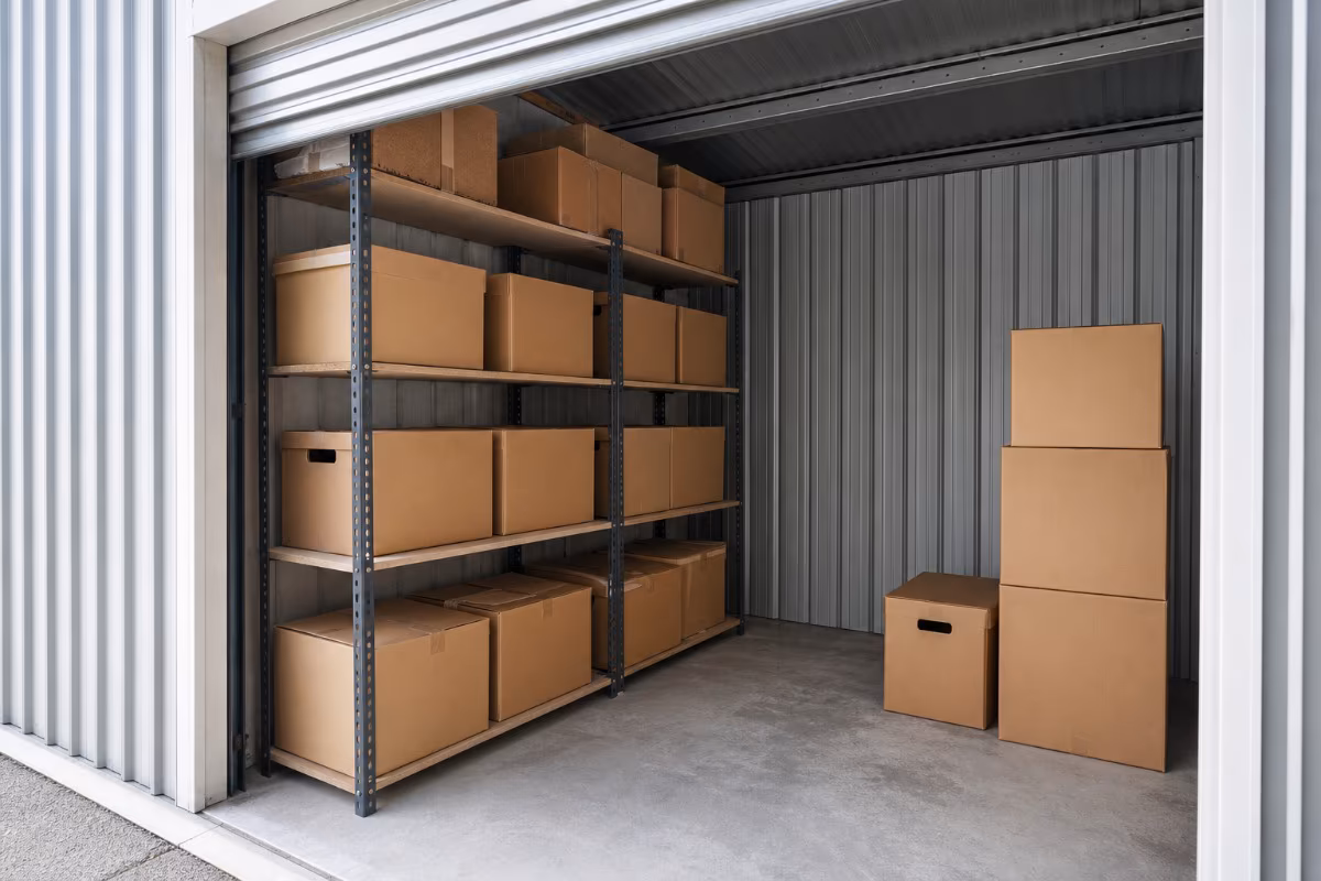 Skladišna jedinica s policama i kartonskim kutijama, prikazana kao primjer self storage usluge za pohranu stvari