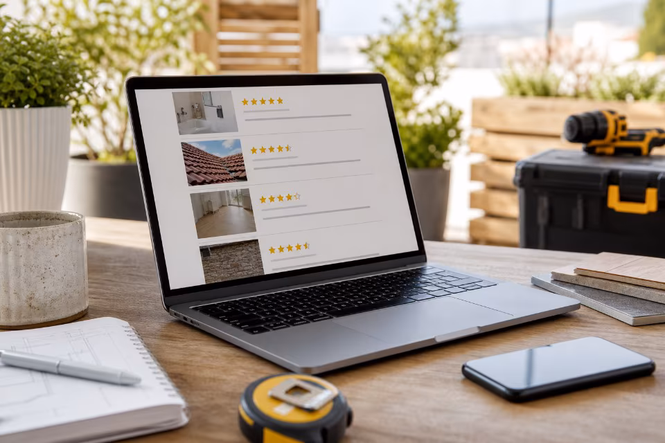 Laptop na stolu prikazuje recenzije s fotografijama, okružen alatima, bilježnicom i mobitelom.