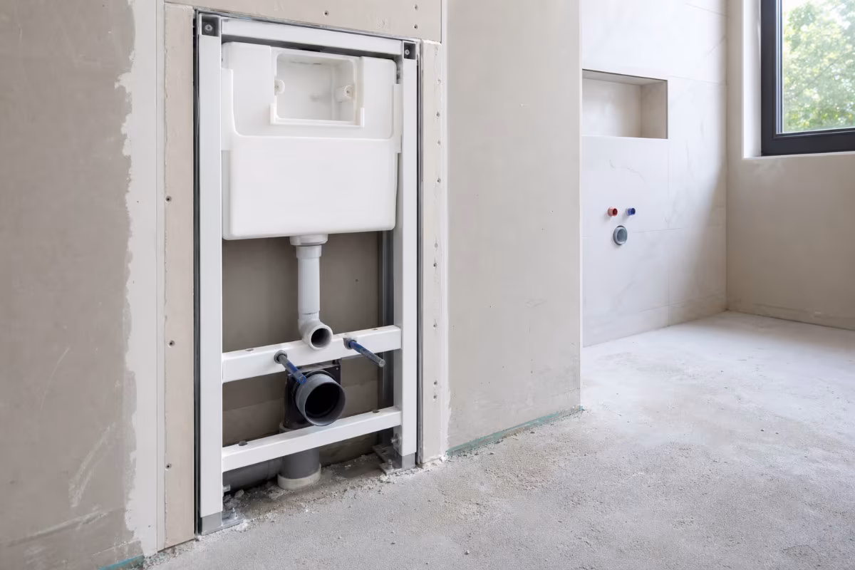 Detalj predzidnog instalacijskog elementa za viseći WC tijekom ugradnje u suhomontažnu konstrukciju