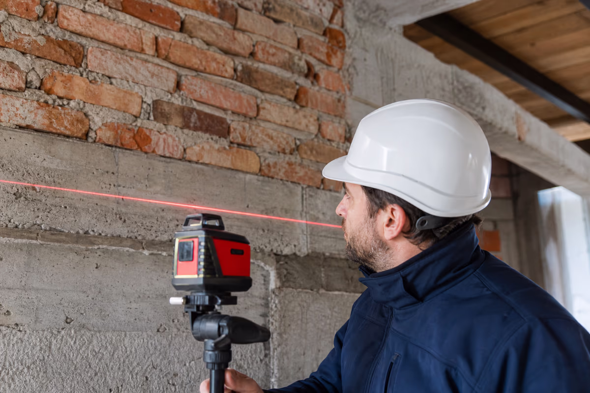 Inženjer s laserskim nivoom provjerava statiku zida prije rušenja, ključno za prepoznavanje nosivih konstrukcija.