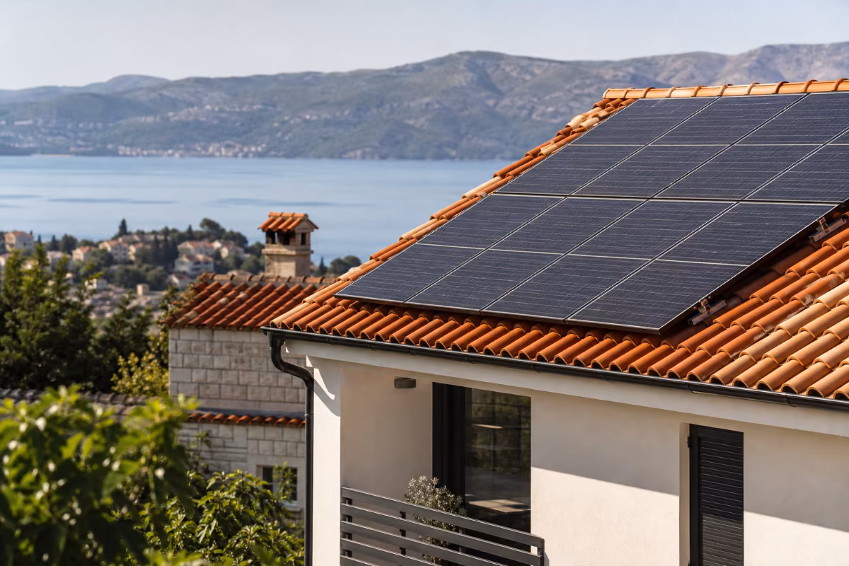 Fotonaponski solarni paneli postavljeni na kosi krov obiteljske kuće pod vedrim nebom.