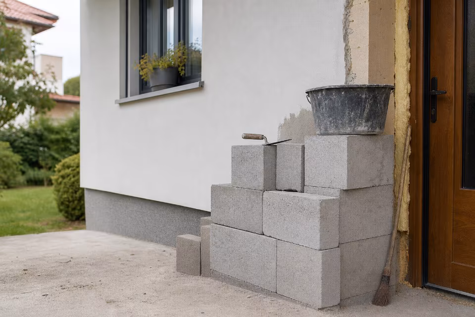 Majstor i vlasnik kuće pregledavaju ugovor i nacrt na gradilištu — širi prikaz