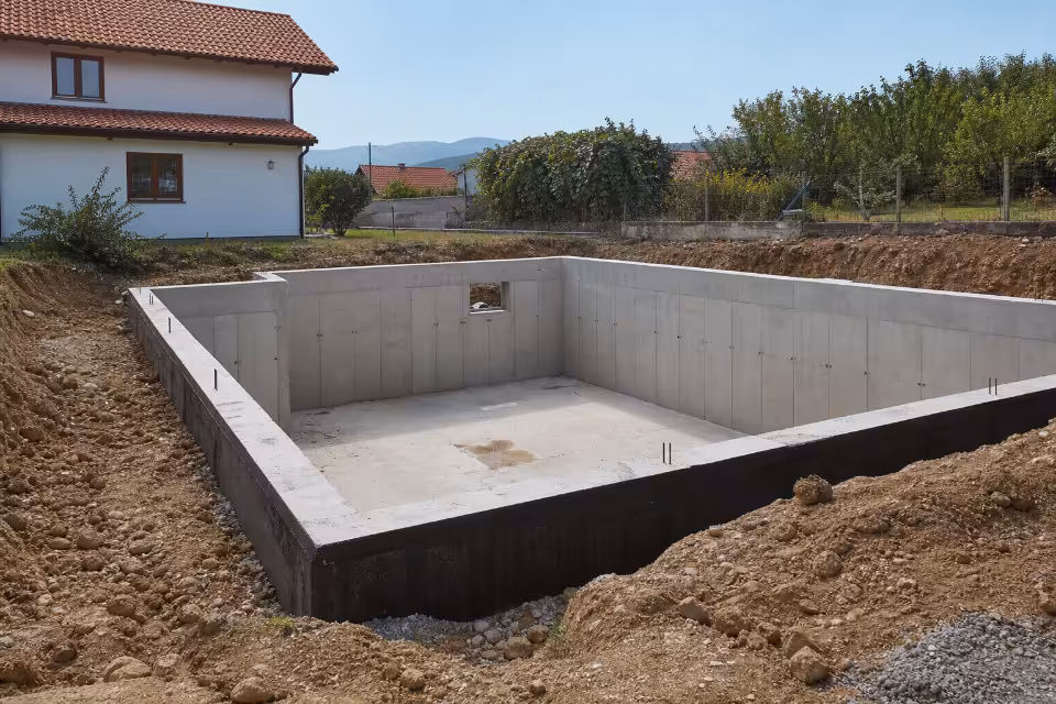 Gradbišče kleti z vidljivo oblogo, armaturo in svežim betonom – širši prikaz