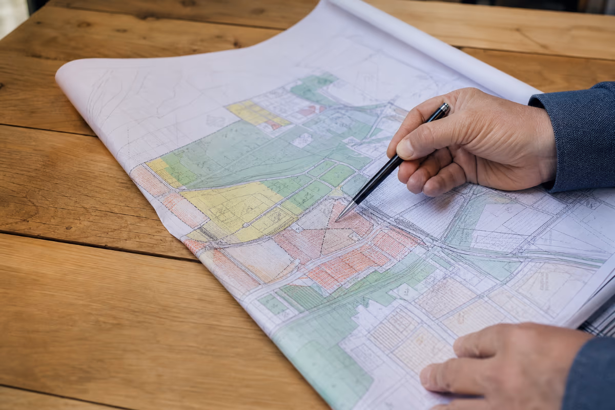 Ruke drže razvijeni urbanistički plan i označavaju linije zone na drvenom stolu