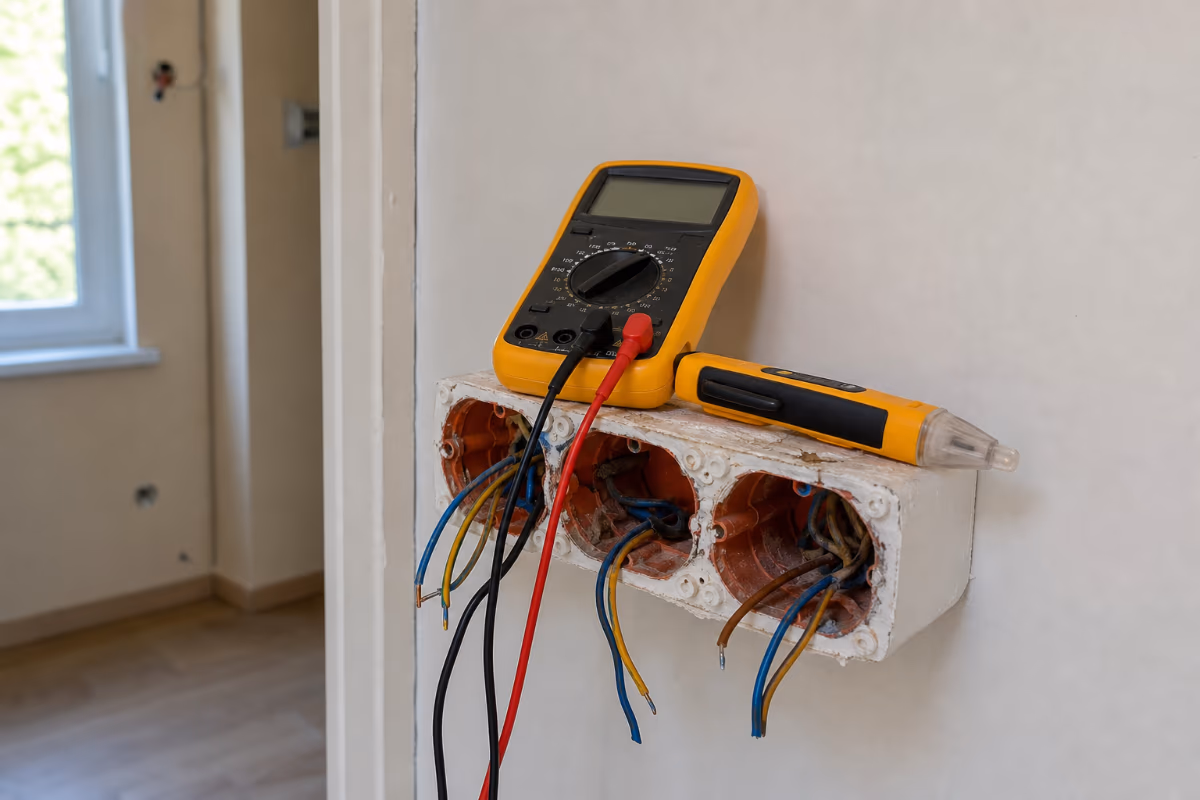 Multimetar i detektor napona leže na izrezu u zidu s tri otvorene električne kutije i vidljivim žicama.