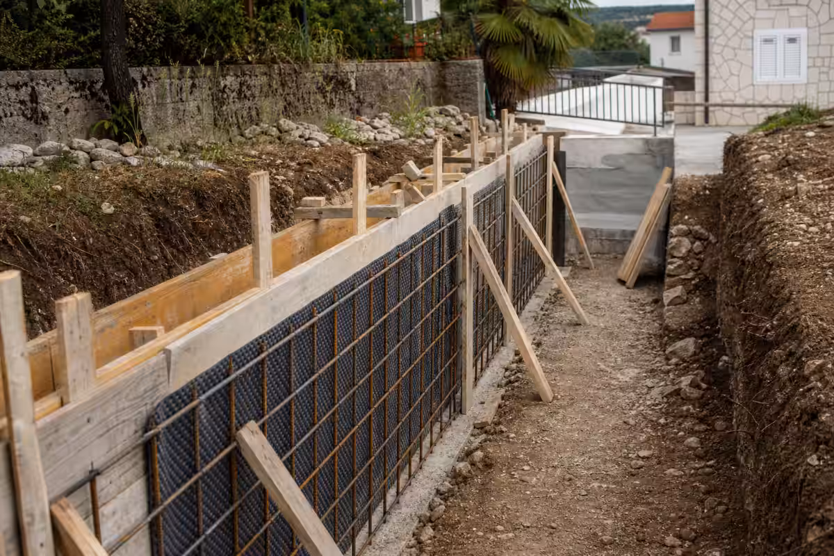 Gradnja betonskega podpornega zidu na dvorišču z vidnim opažem in armaturo