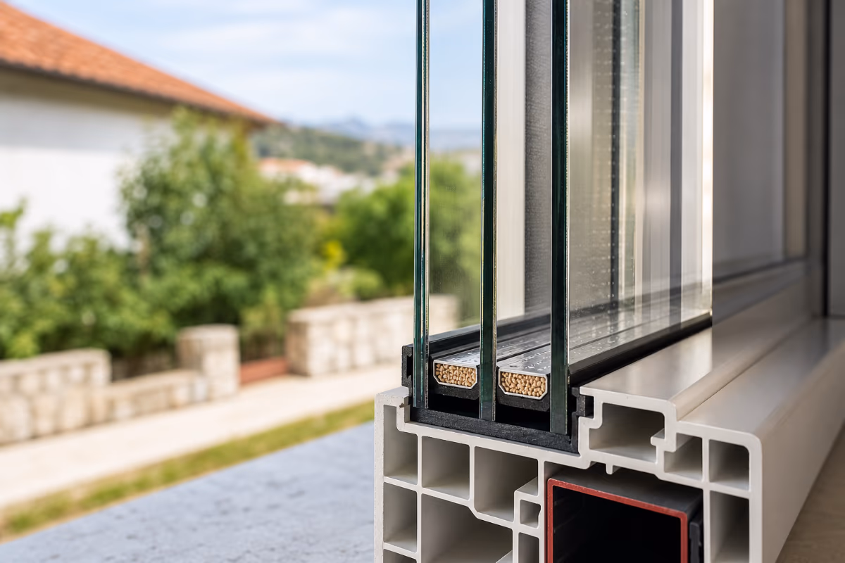 Detalj presjeka aluminijskog stolarije s dvostrukim staklom, prikazujući profil i vanjski pogled.