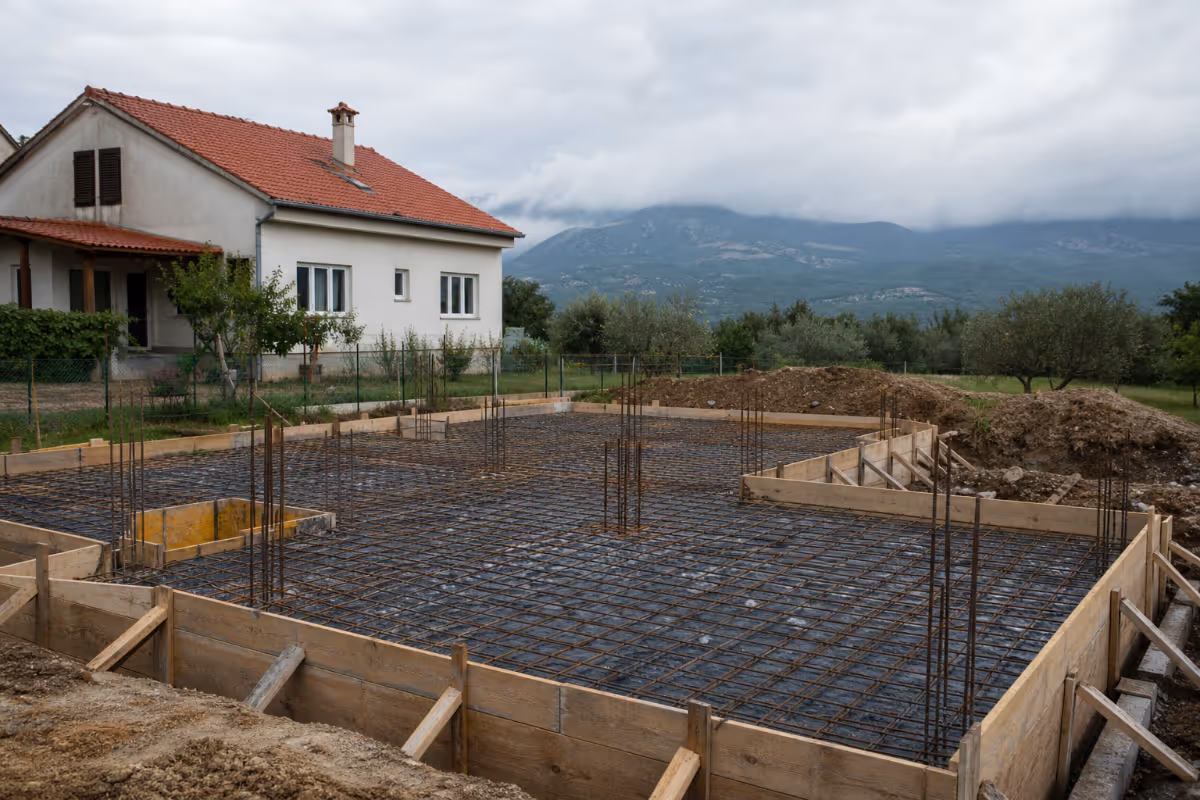 Radnici na gradilištu pripremaju armaturu za lijevanje betonskih temelja kuće — materijali i alat