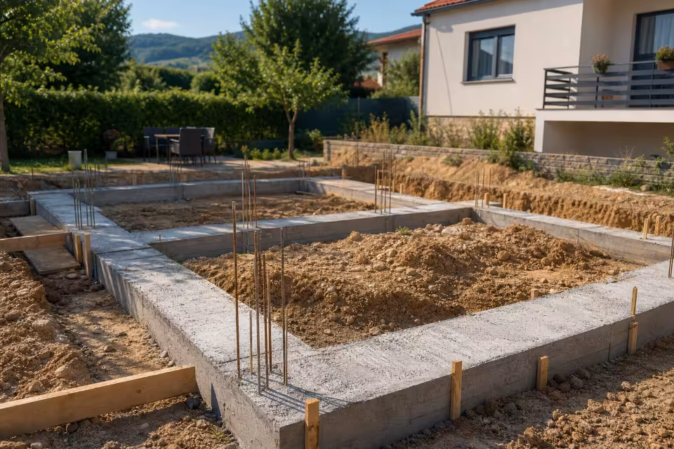 Gradilište s izlivenim trakastim temeljima i armaturom.