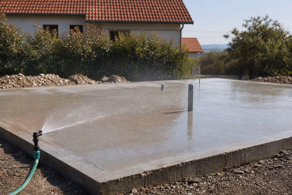 Delavci v zaščitni opremi izlivajo beton za temeljno ploščo na gradbišču — materiali in orodja