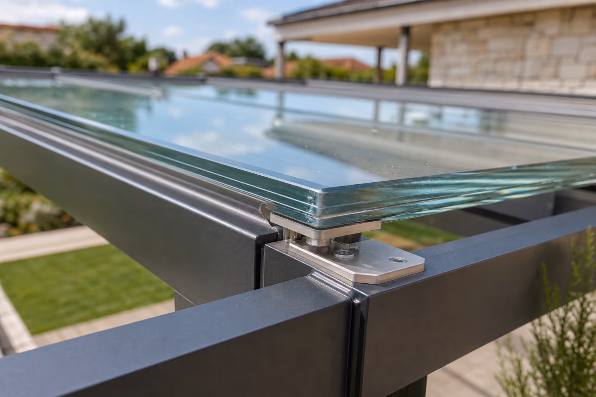 Detalj aluminijske konstrukcije s laminiranim sigurnosnim staklom na terasi