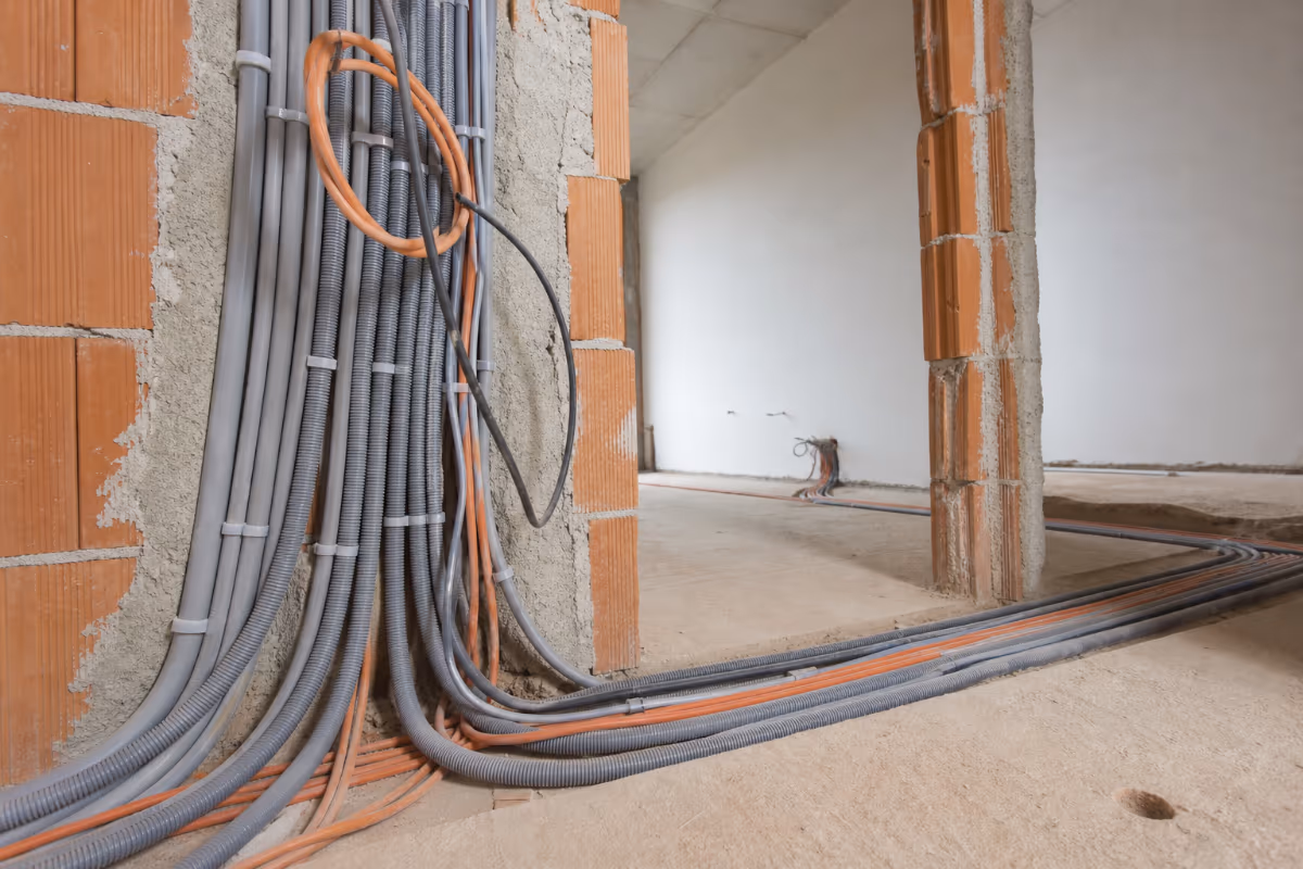 Električne instalacije u cijevima na zidu i podu u stanu u izgradnji.