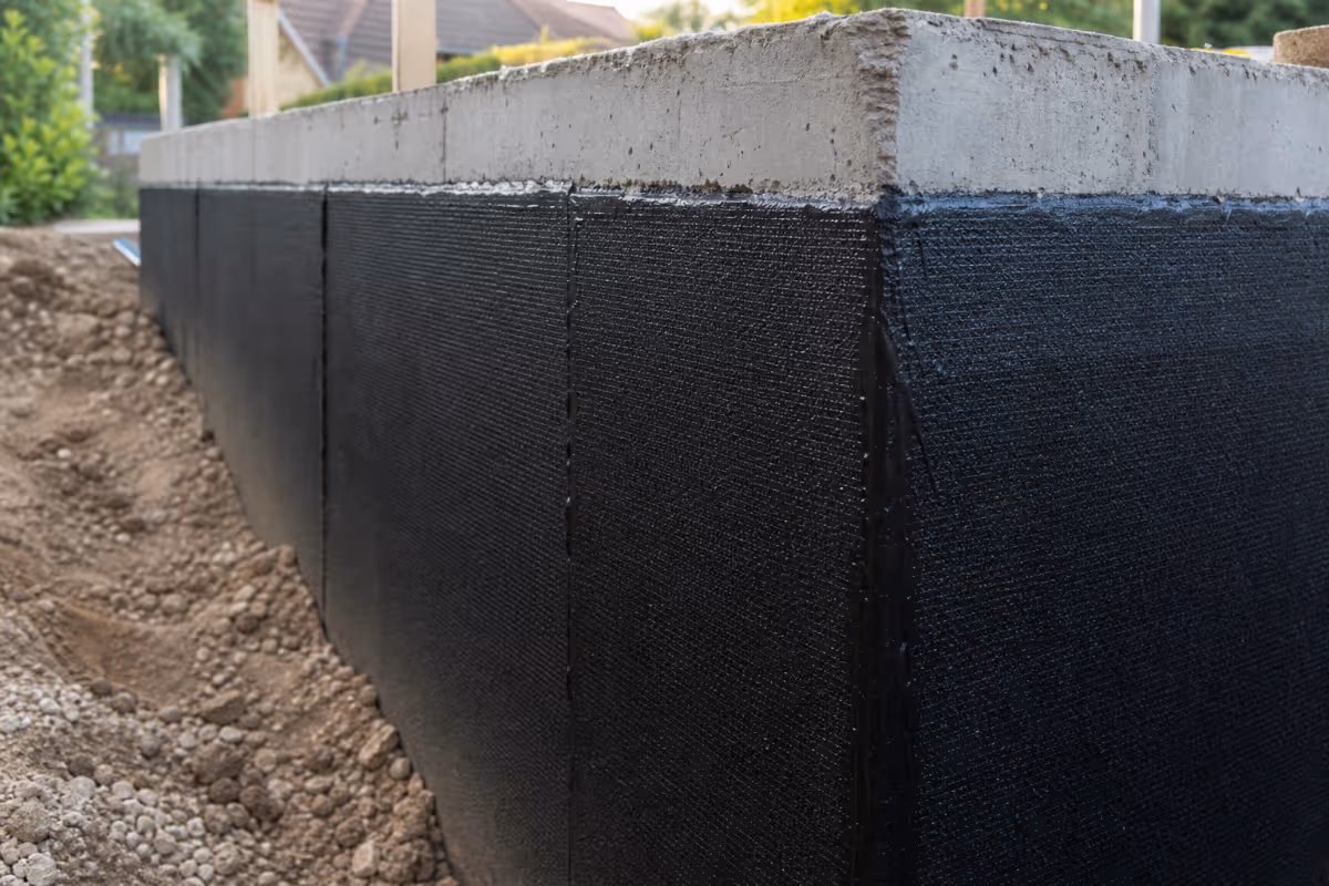 Detalj crne hidroizolacione membrane koja se nanosi na vertikalne betonske zidove temelja