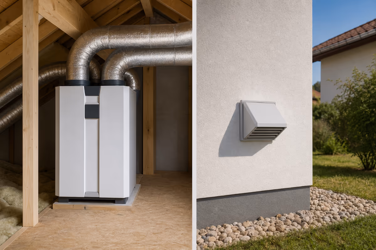 Bijeli uređaj za ventilaciju s metalnim cijevima u drvenom potkrovlju i vanjski ventilacijski otvor na zidu kuće.