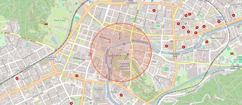 Zemljevid Ljubljane s približno lokacijo objavljenega dela