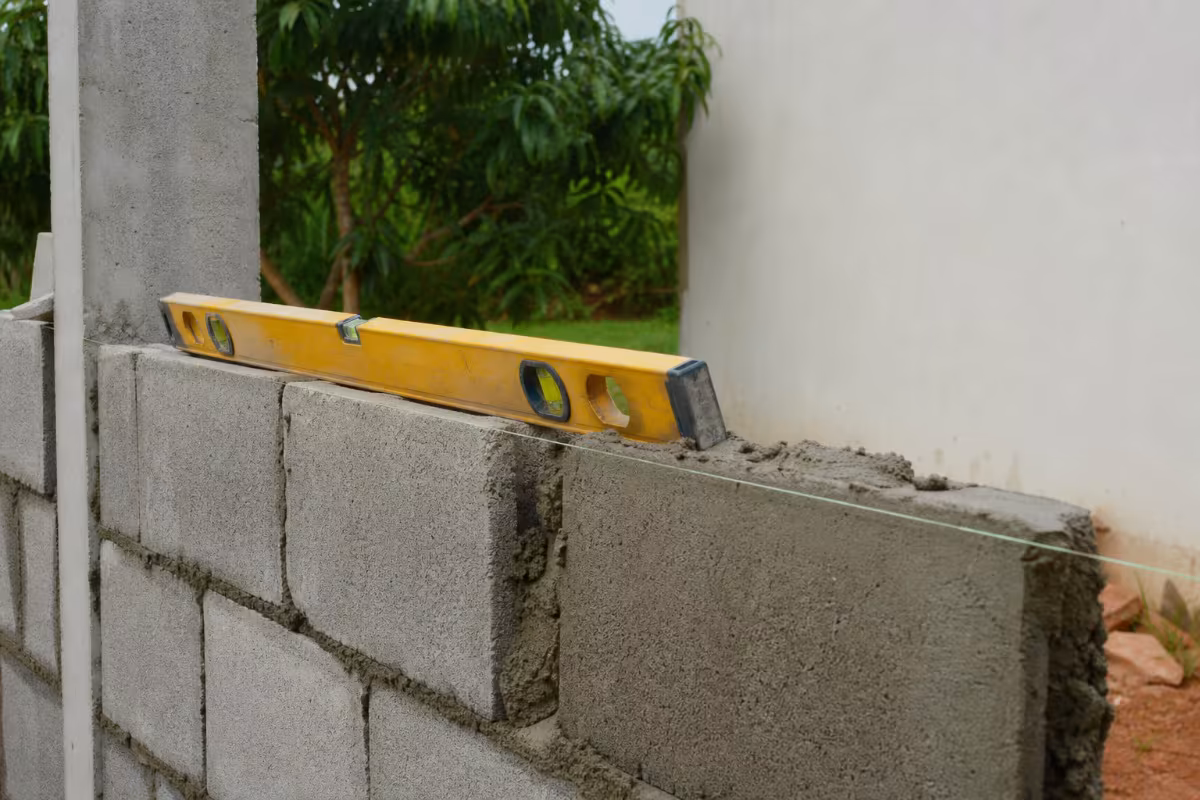 Zidar postavlja betonske blokove na zid s vodom za provjeru ravnine