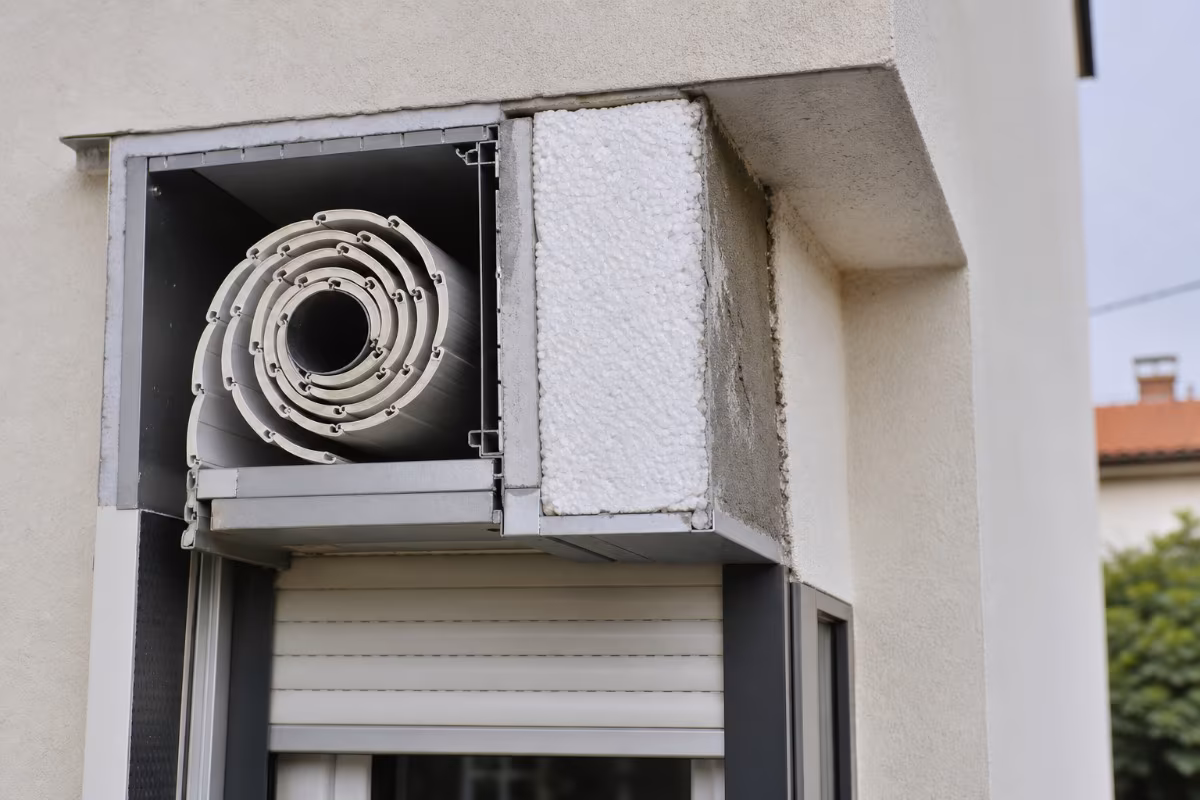 Detalj izolirane kutije za roletu ugrađene u zid s vidljivim slojem stiropora