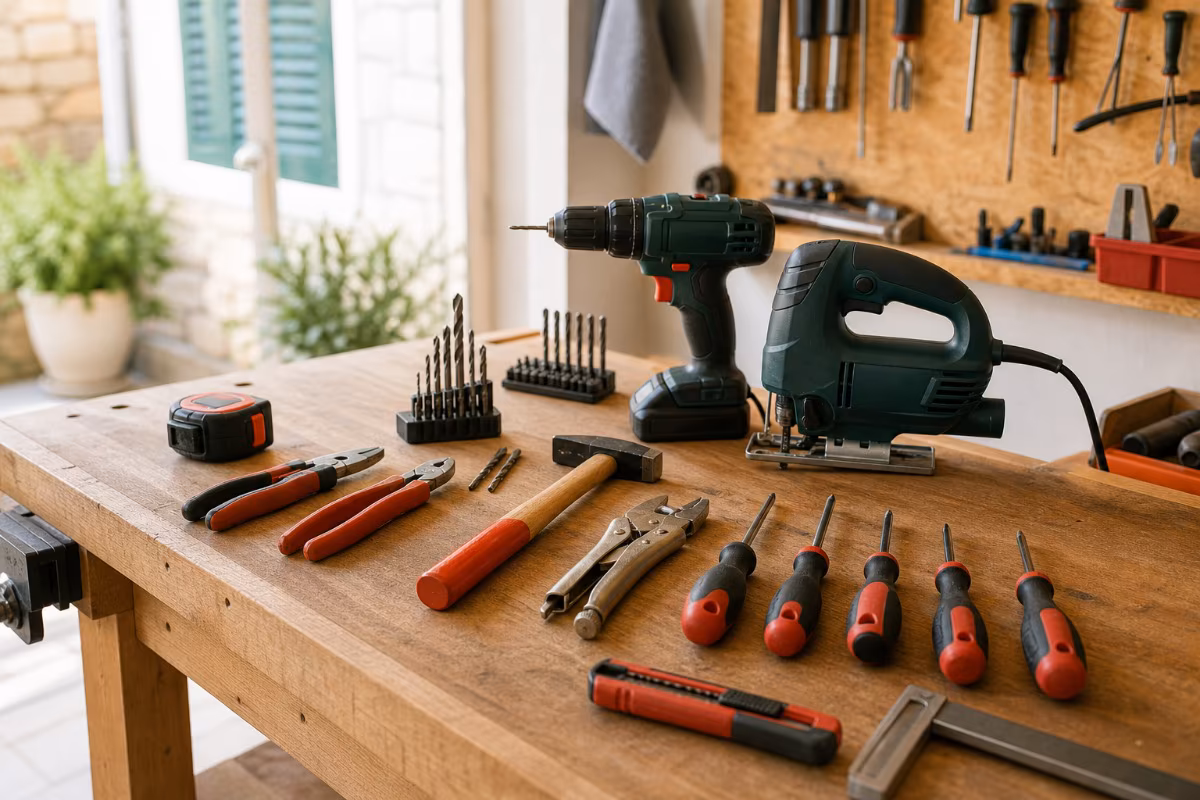 Pregledno raspoređen osnovni alat za kućnu radionicu: bušilica, odvijači, ključevi, čekić i zaštitne naočare