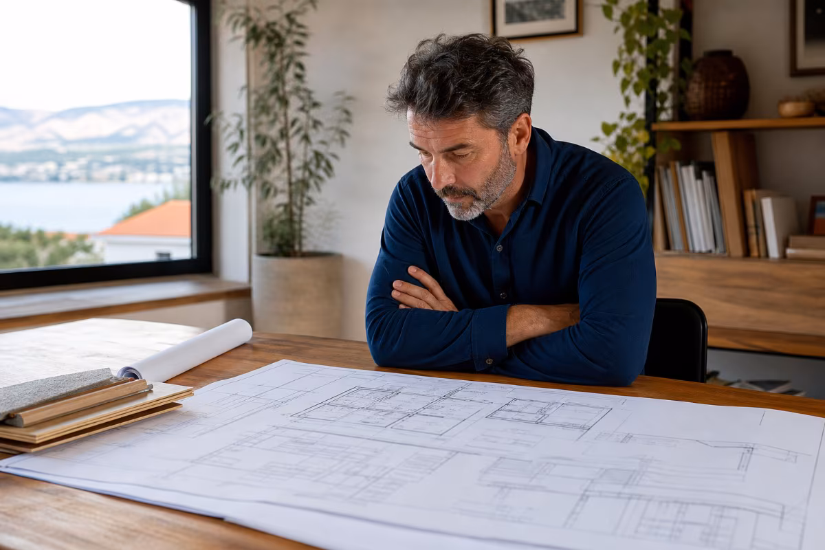 Arhitekt pregledava projektne crteže kuće na stolu, ilustrirajući fazu izrade projektne dokumentacije koja utiče na cijenu