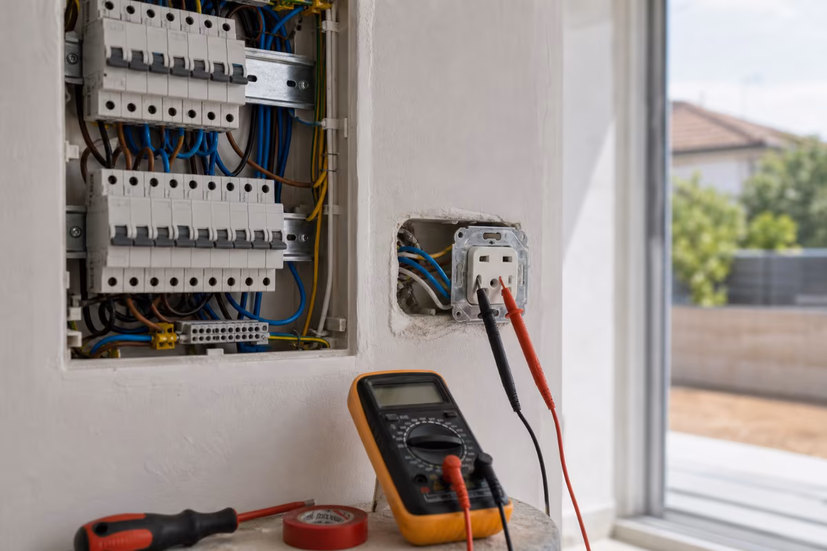 Pooblaščeni električar dela na odprti hišni razdelilni omarici z varovalkami, drži izoliran izvijač in multimeter med preverjanjem napeljave.